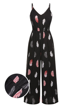 Black 1930s Feather Print Spaghetti Strap Jumpsuit, vintage romper, retro jumpsuit - perfect for women who love vintage and retro fashion