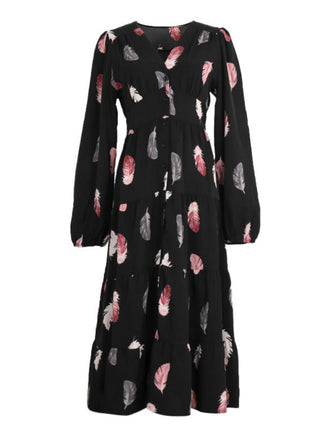She slips into this Black 1930s Feather V-Neck Buttoned Dress and suddenly it's a 1930s daydream