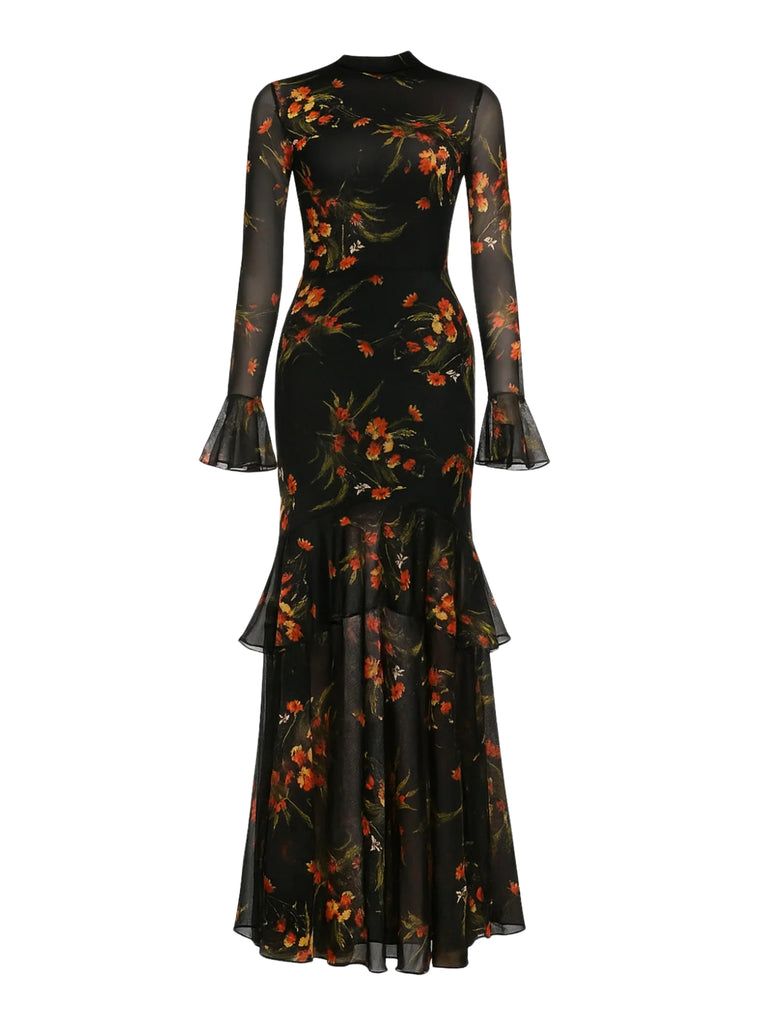 Black 1930s Floral Mesh Ruffle Maxi Dress - vintage dress, retro fashion, classic black