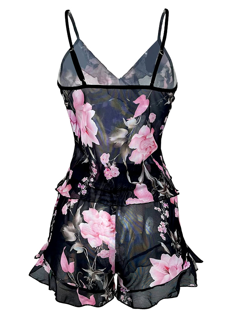 Black 1930s Floral Ruffled V-Neck Pajama Set - vintage fashion, retro style, classic black