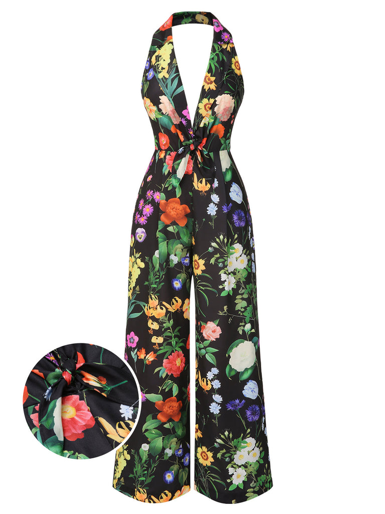 Black 1930s Floral V-Neck Halter Jumpsuit - vintage jumpsuit, retro fashion, classic black