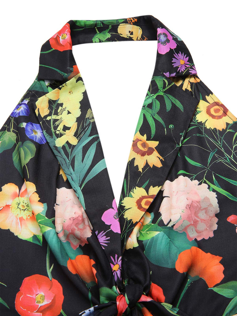 Black 1930s Floral V-Neck Halter Jumpsuit - vintage jumpsuit, retro fashion, classic black