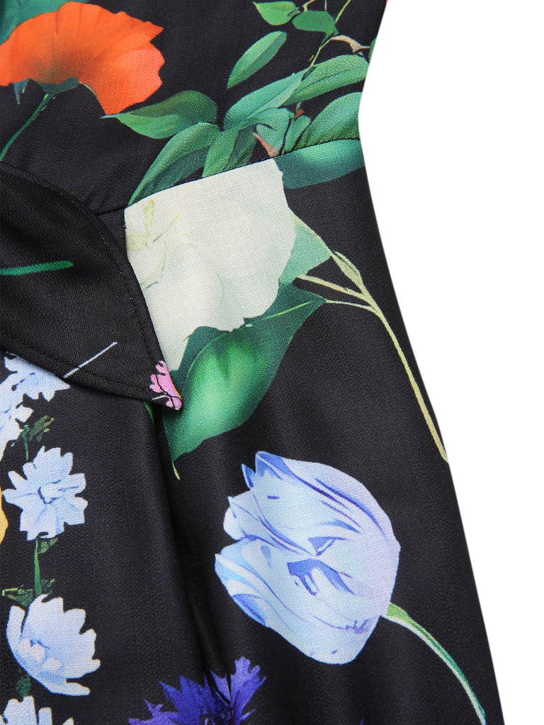 Black 1930s Floral V-Neck Halter Jumpsuit - vintage jumpsuit, retro fashion, classic black