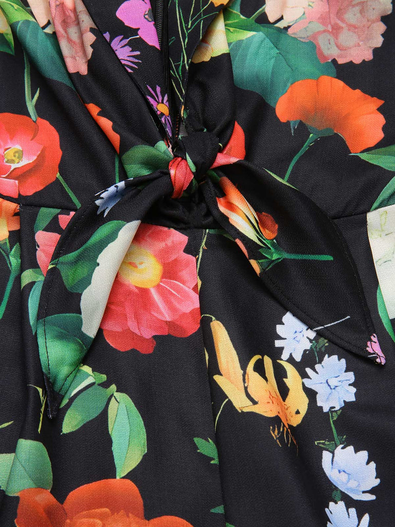 Black 1930s Floral V-Neck Halter Jumpsuit - vintage jumpsuit, retro fashion, classic black