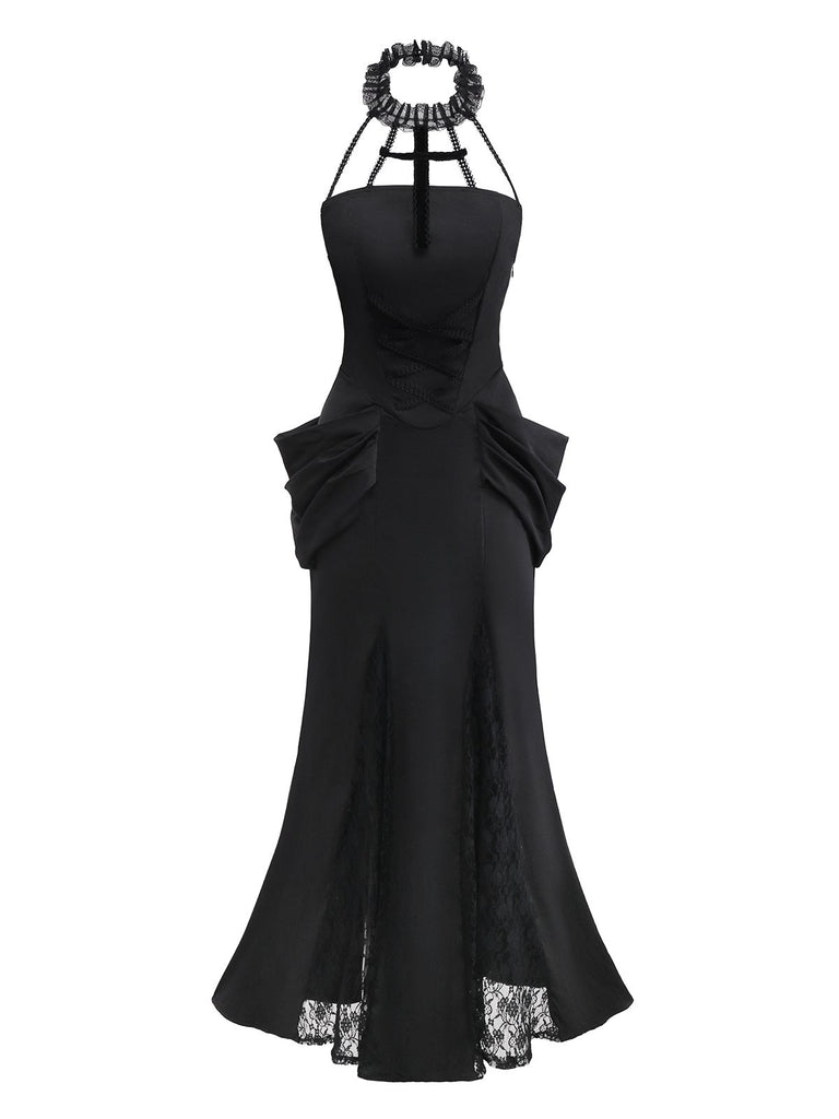 Black 1930s Gothic Lace Halter Mermaid Dress - vintage dress, retro fashion, classic black
