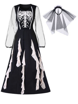 Black 1930s Halloween Skeleton Ruffles Dress With Veil, vintage dress, retro fashion - perfect for women who love vintage and retro fashion