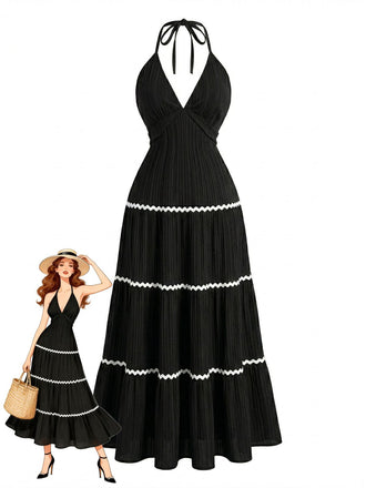 Black 1930s Halter Backless Colorblock Maxi Dress - vintage dress, retro fashion, classic black