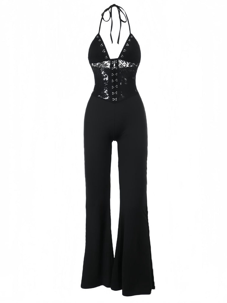 She finds her 1930s story in this Black 1930s Halter Lace Bell-Bottom Jumpsuit