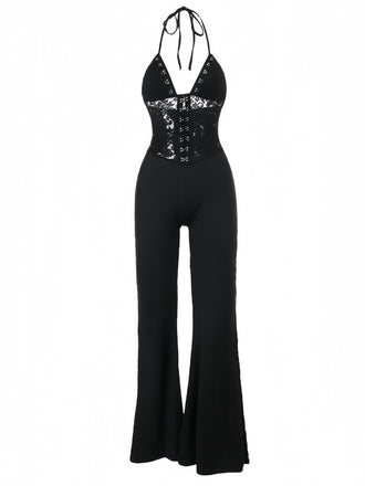 She finds her 1930s story in this Black 1930s Halter Lace Bell-Bottom Jumpsuit