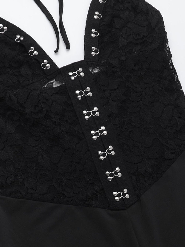 This Black 1930s Halter Lace Bell-Bottom Jumpsuit whispers 1930s secrets to those who notice