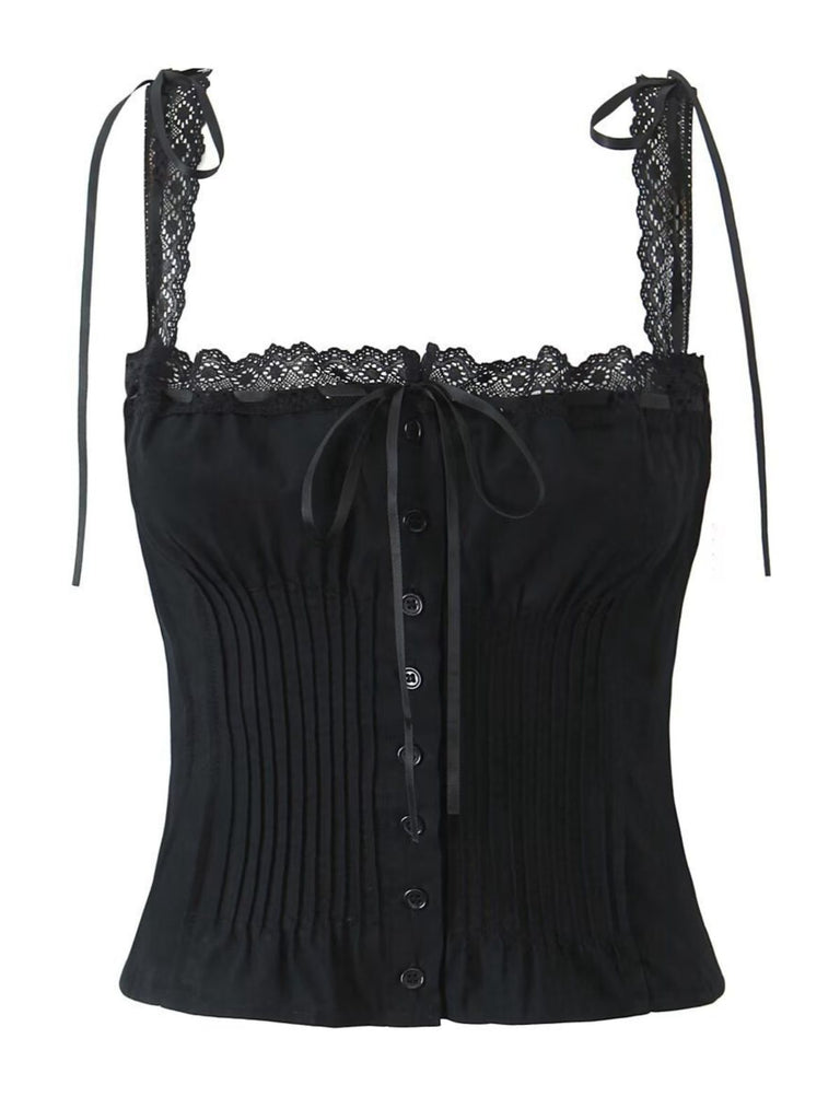 Black corset top with lace straps on a white background