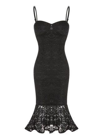 Black 1930s Lace Spaghetti Strap Mermaid Dress, vintage dress, retro fashion, lace detail - perfect for women who love vintage and retro fashion