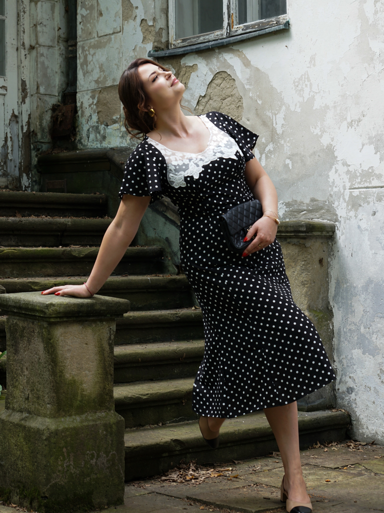 Black 1930s Lace Trim Polka Dot Dress, vintage dress, retro fashion - vintage inspired fashion