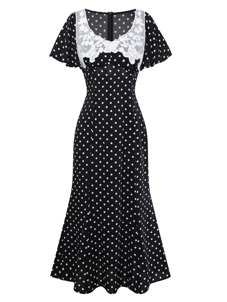 Black 1930s Lace Trim Polka Dot Dress - vintage dress, retro fashion, classic black