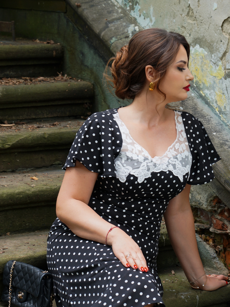 Black 1930s Lace Trim Polka Dot Dress, vintage dress, retro fashion - vintage inspired fashion