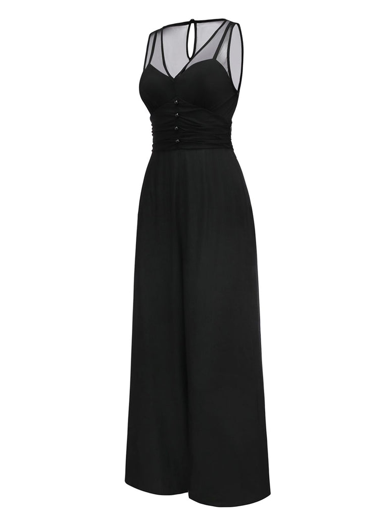 Black 1930s Mesh Pleated Patchwork Jumpsuit - vintage jumpsuit, retro fashion, classic black