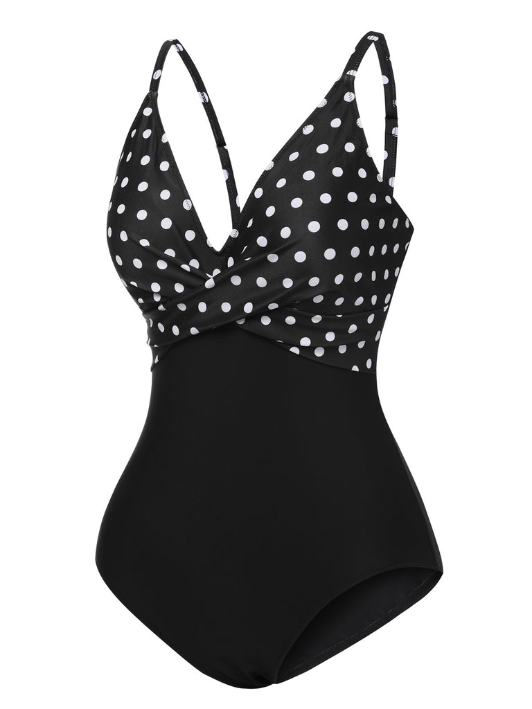 Black 1930s Polka Dots One-Piece Swimsuit: 1930s Riviera elegance, reimagined for her