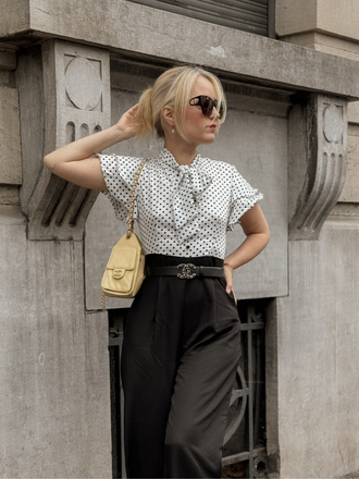 Black 1930s Polka Dots Tie-Neck Jumpsuit, vintage romper, retro jumpsuit - perfect for women who love vintage and retro fashion