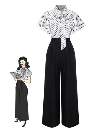 She finds her 1930s story in this Black 1930s Polka Dots Tie-Neck Jumpsuit