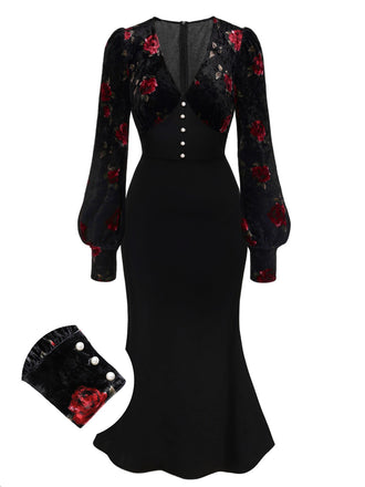 She slips into this Black 1930s Rose Velvet Fishtail Dress and suddenly it's a 1930s daydream