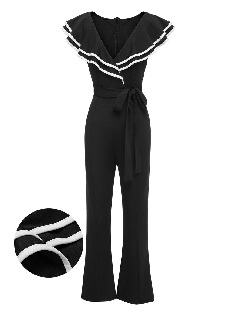 Black 1930s Ruffle Lapel Bootcut Jumpsuit, vintage romper, retro jumpsuit - perfect for women who love vintage and retro fashion