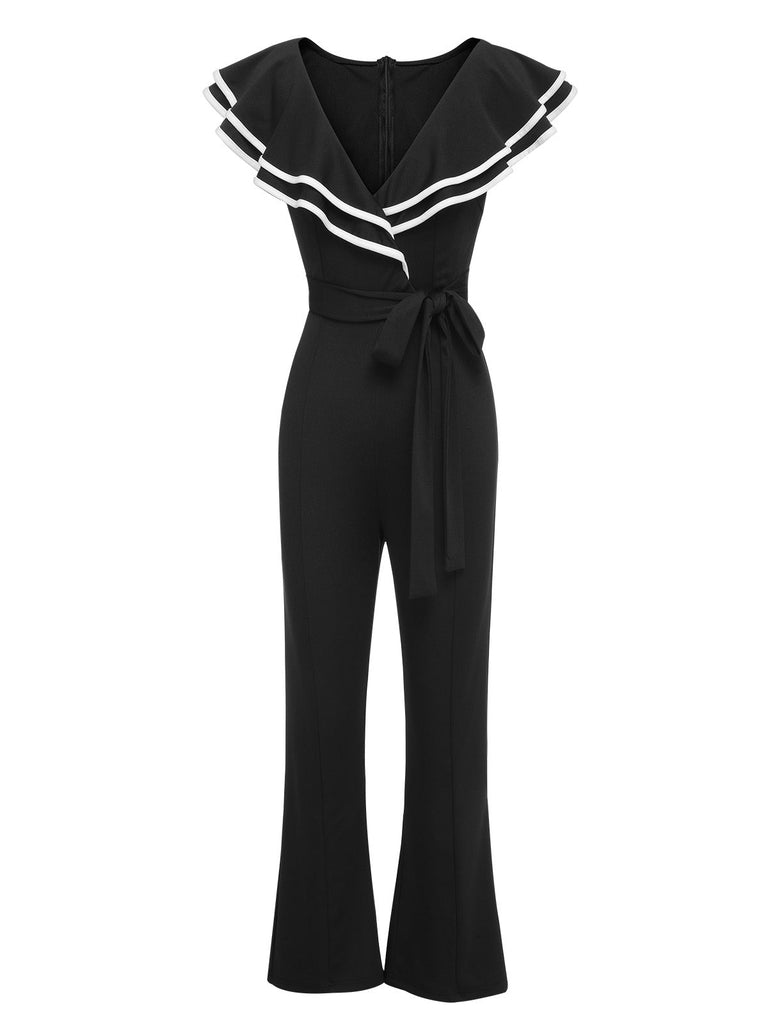 Black 1930s Ruffle Lapel Bootcut Jumpsuit, vintage romper, retro jumpsuit - perfect for women who love vintage and retro fashion
