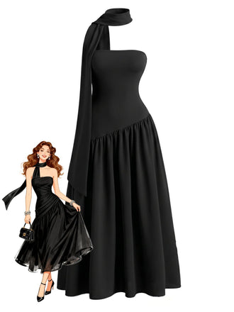 Black 1930s Scarf Neck Strapless Asymmetric Maxi Dress, vintage dress, retro fashion - perfect for women who love vintage and retro fashion