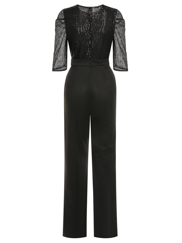 Black 1930s Sequined Patchwork Solid Jumpsuit - vintage fashion, retro style, classic elegance