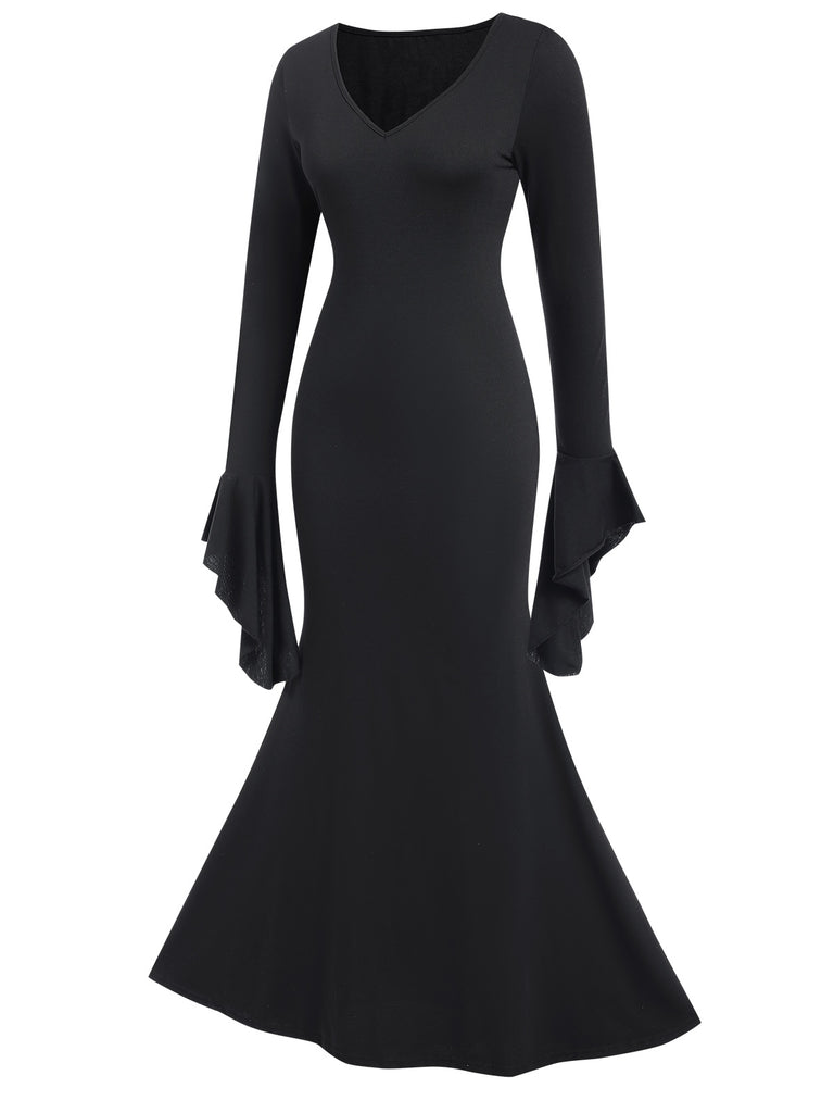 Black 1930s Sold Batwing Cuffs Fishtail Dress, vintage dress, retro fashion - perfect for women who love vintage and retro fashion