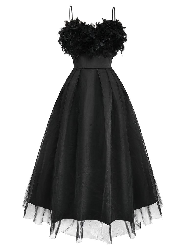 Black 1930s Solid 3D Feather Mesh Dress - vintage dress, retro fashion, classic black