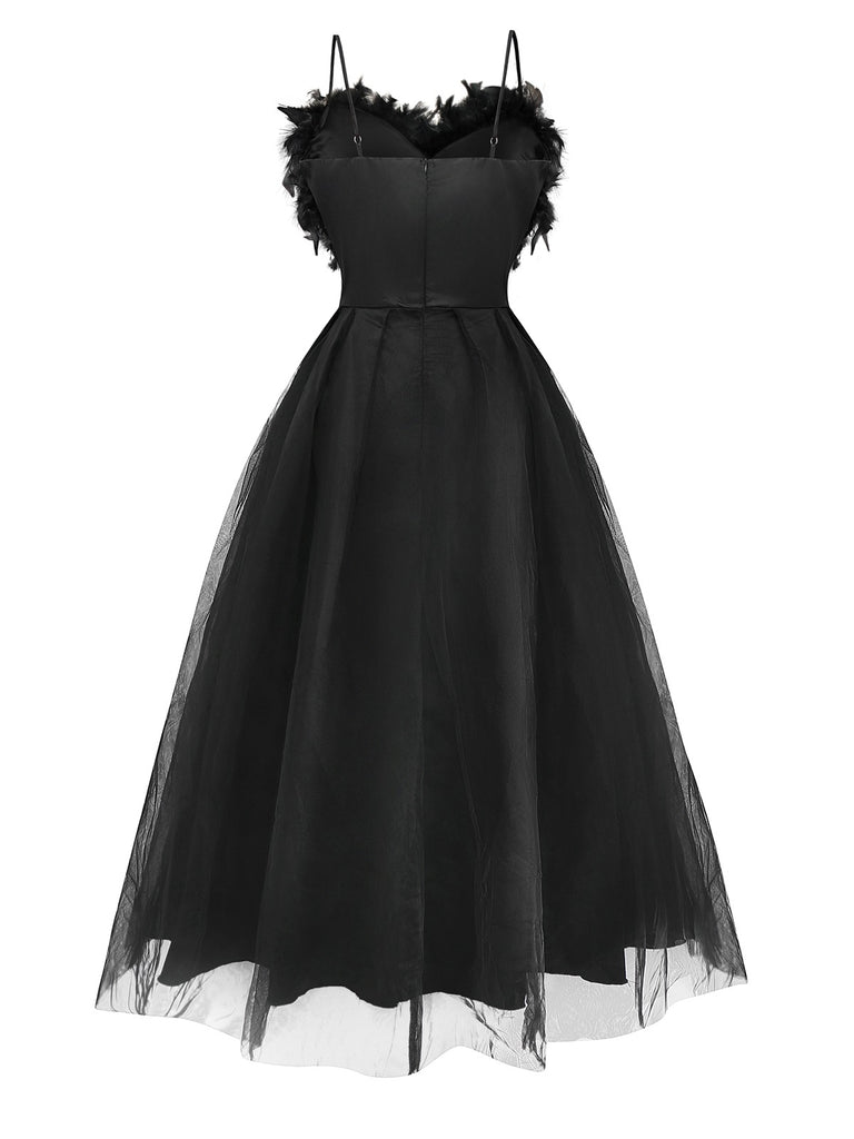 Black 1930s Solid 3D Feather Mesh Dress - vintage dress, retro fashion, classic black