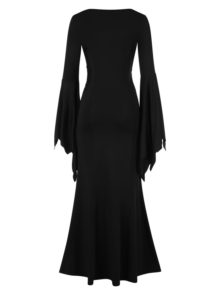Black 1930s Solid Batwing Cuffs Fishtail Dress, vintage dress, retro fashion - perfect for women who love vintage and retro fashion