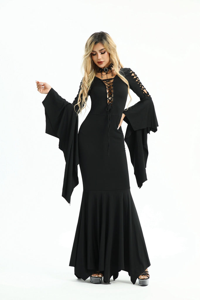 Black 1930s Solid Batwing Lace-Up Fishtail Dress: where 1930s romance meets her modern spirit