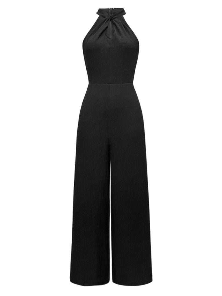 She finds her 1930s story in this Black 1930s Solid Halter Sleeveless Jumpsuit