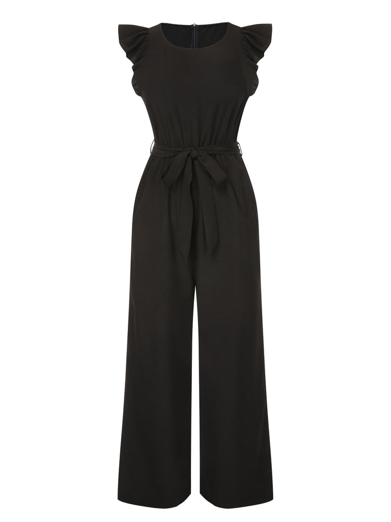 Black 1930s Solid Ruffle Sleeves Belted Jumpsuit, vintage romper, retro jumpsuit - perfect for women who love vintage and retro fashion
