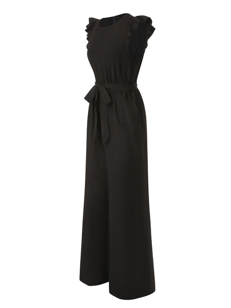 Black 1930s Solid Ruffle Sleeves Belted Jumpsuit, vintage romper, retro jumpsuit - perfect for women who love vintage and retro fashion