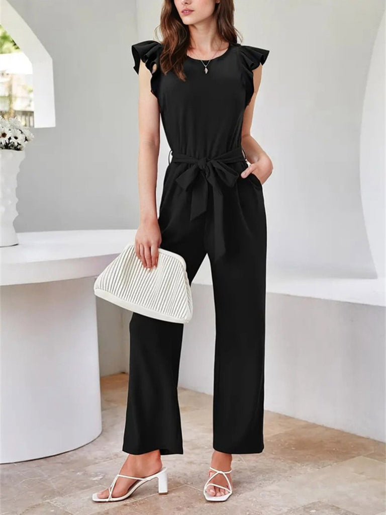 Black 1930s Solid Ruffle Sleeves Belted Jumpsuit, vintage romper, retro jumpsuit - perfect for women who love vintage and retro fashion