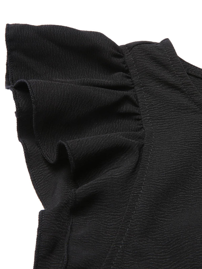 Black 1930s Solid Ruffle Sleeves Belted Jumpsuit, vintage romper, retro jumpsuit - perfect for women who love vintage and retro fashion