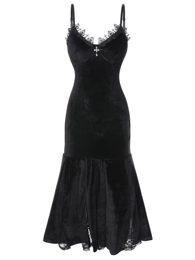 She slips into this Black 1930s Spaghetti Strap Cross Lace Dress and suddenly it's a 1930s daydream