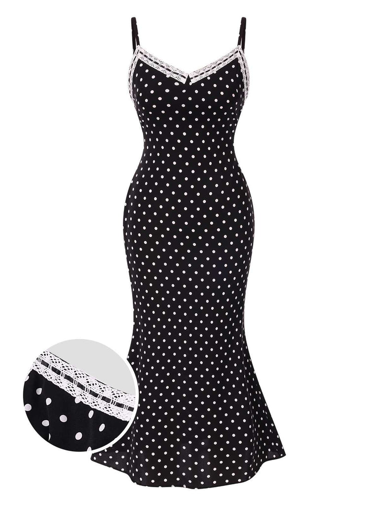 She slips into this Black 1930s Spaghetti Strap Polka Dots Mermaid Dress and suddenly it's a 1930s daydream