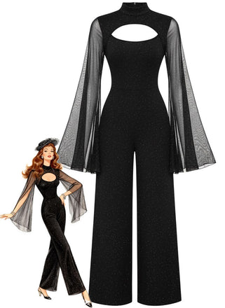 Black 1930s Sparkly Cutout Jumpsuit with Cape - vintage jumpsuit, retro fashion, classic black