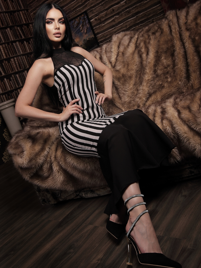 Black 1930s Spiderweb Mesh Stripe Fishtail Dress - vintage dress, retro fashion, classic black