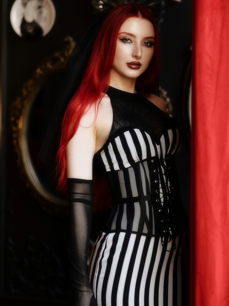 Black 1930s Spiderweb Mesh Stripe Fishtail Dress - vintage dress, retro fashion, classic black