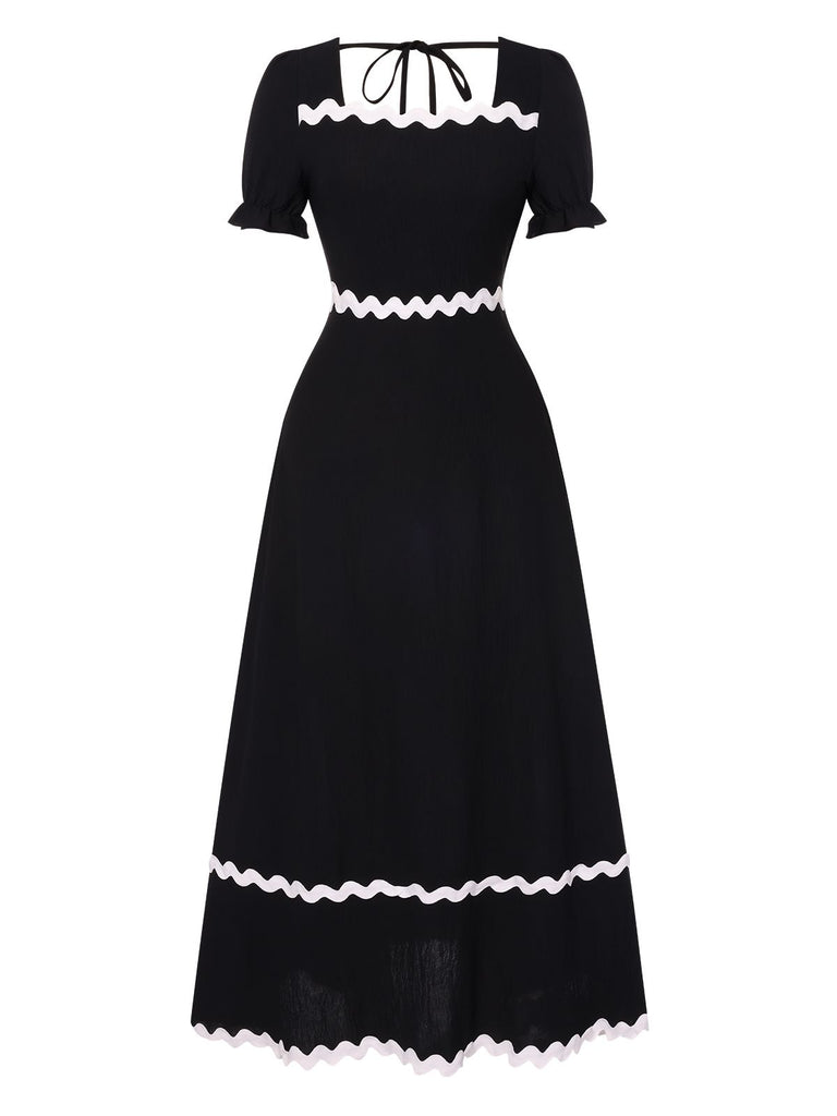 Black 1930s Square Neck Lace-Up Puff Sleeve Dress, vintage dress, retro fashion, lace detail - perfect for women who love vintage and retro fashion