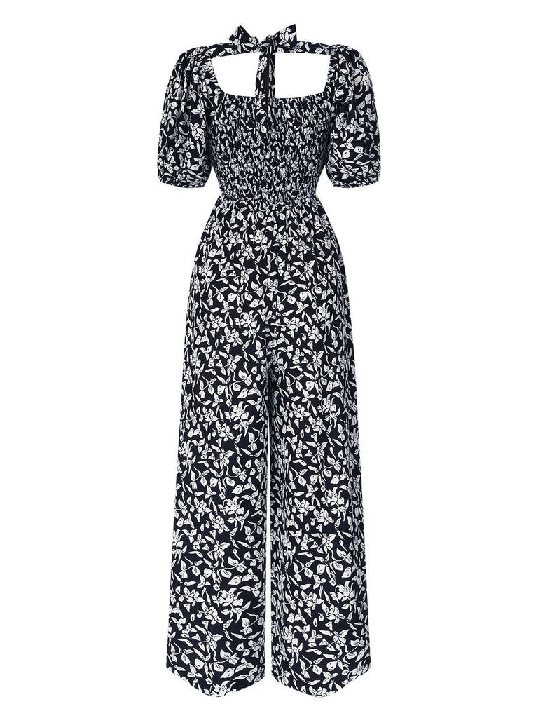 Black 1930s Square Neck Puff Floral Jumpsuit, vintage romper, retro jumpsuit - perfect for women who love vintage and retro fashion