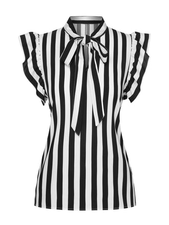 She pairs this Black 1930s Striped Tie Collar Ruffle Sleeves Blouse with confidence and 1930s charm
