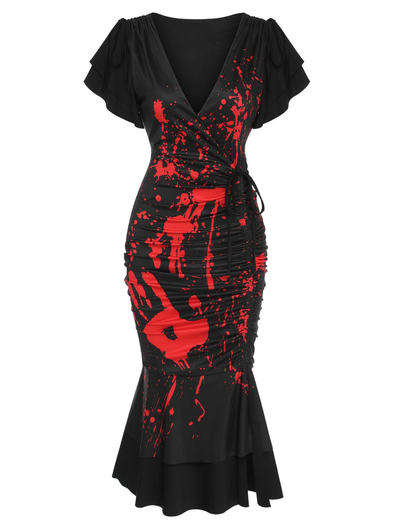 Black 1930s V-Neck Blood Handprint Fishtail Dress, vintage dress, retro fashion - perfect for women who love vintage and retro fashion