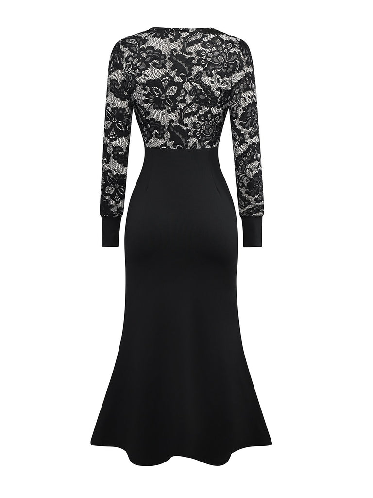 Black 1930s V-Neck Floral Lace Fishtail Dress - vintage dress, retro fashion, classic black