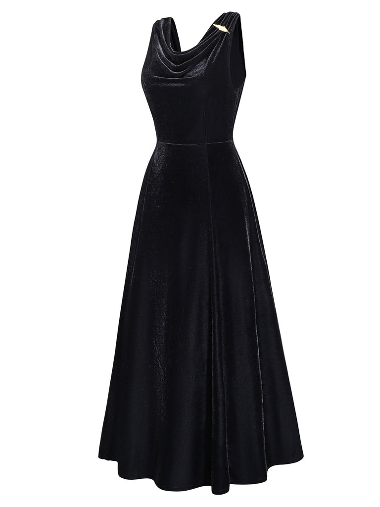 Black 1930s Velvet Cowl Neck Feather Brooch Dress - vintage dress, retro fashion, classic black