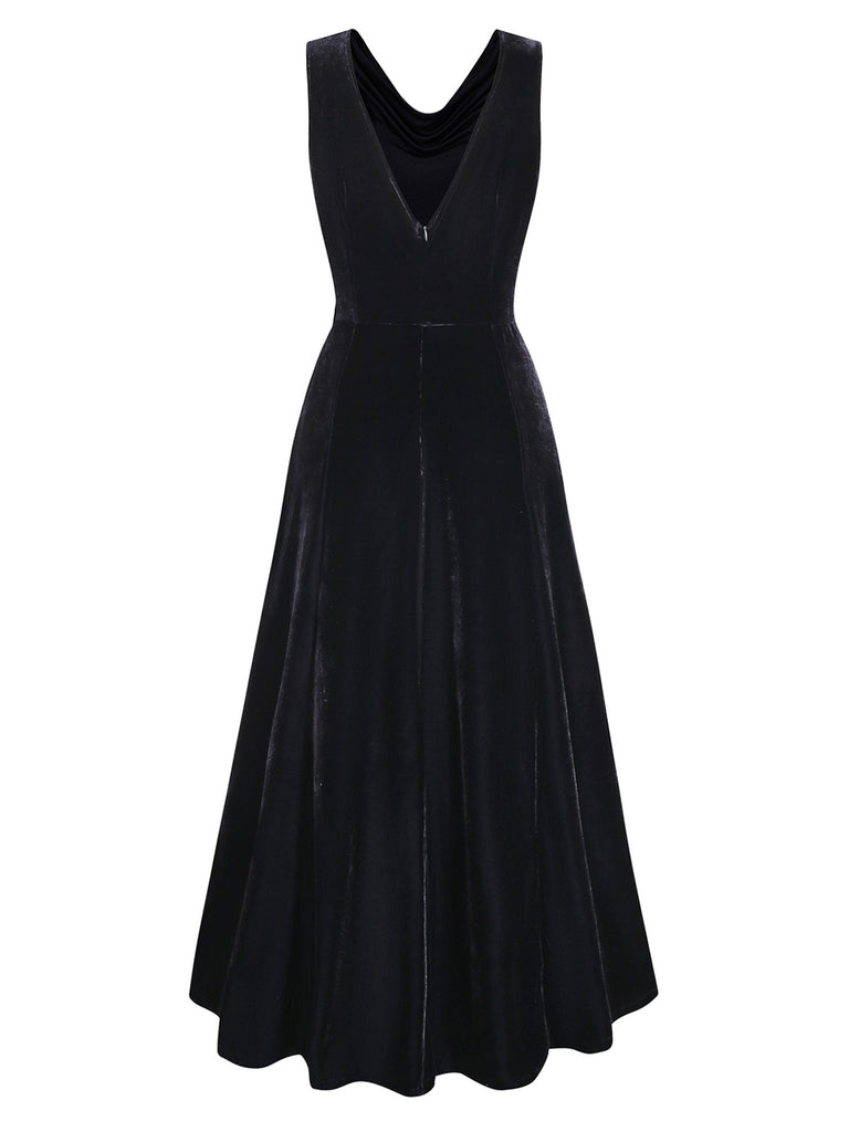 Black 1930s Velvet Cowl Neck Feather Brooch Dress - vintage dress, retro fashion, classic black